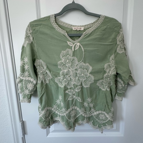 Solitaire Tops - Solitaire Anthropologie Sage Floral Embroidered Blouse